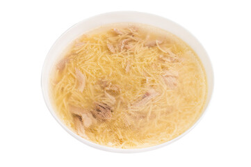 Chicken noodle soup with Vermicelli and meat in a plate isolated on white background