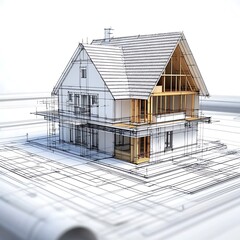 Architectural 3D Model and Blueprint of Modern Two-Story House with Detailed Structural Design and Construction Elements
