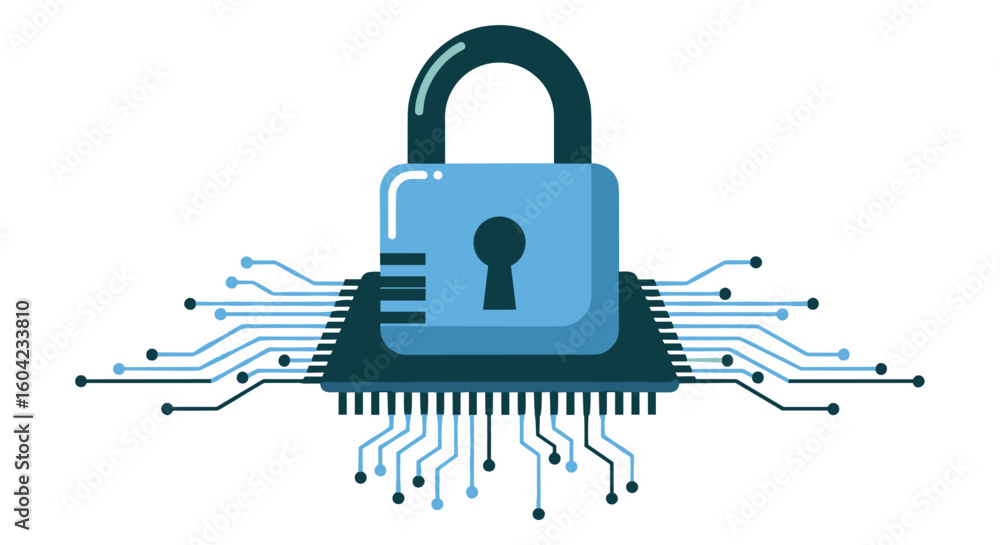 Poster a digital security concept is represented by a blue padlock sitting on a computer chip, symbolizing 