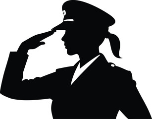 Silhouette of a Woman Saluting in Military Uniform with Hat and Ponytail