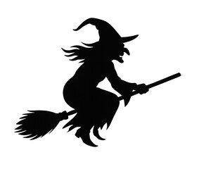 Halloween flying witch silhouette on broom isolated on transparent background.