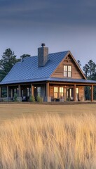 Obraz premium Beautiful Newly Built Farmhouse with Spacious Porch, Metal Roof, and Charming Wooden Siding Exterior