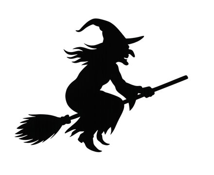 Halloween flying witch silhouette on broom isolated on transparent background.