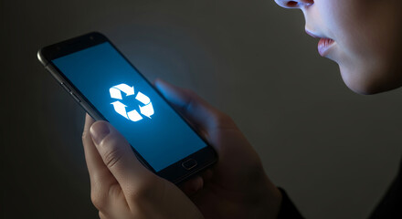 Person holding smartphone with glowing recycling symbol on screen, concept of digital sustainability and electronic waste
