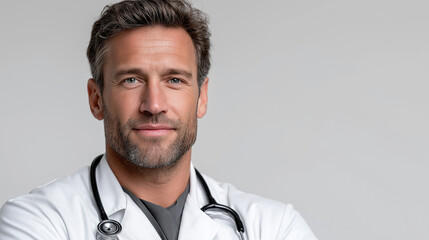 Friendly young male doctor in mid-thirties with ID badge and clean styling radiating authority and compassion in a healthcare portrait shot,healthcare worker, medical staff, hospital concept, confiden