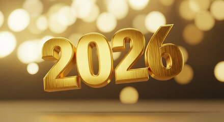 Golden 2026: A luminous representation of the year 2026, rendered in gleaming gold, floating amidst a soft bokeh background.