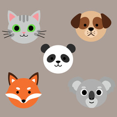Obraz premium Cute cartoon animal faces, including cat, dog, panda, fox, and koala, arranged on a neutral background.