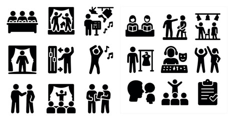 Entertainment and performance solid icons set – filled, music and theater symbols