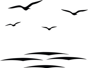Naklejka premium Silhouette of Birds Flying Above Water on a White Background, Minimalist Illustration