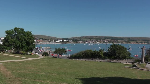 Swanage Bay in Dorset UK from the Downs looking over the town and bay to Ballard Down in the distance