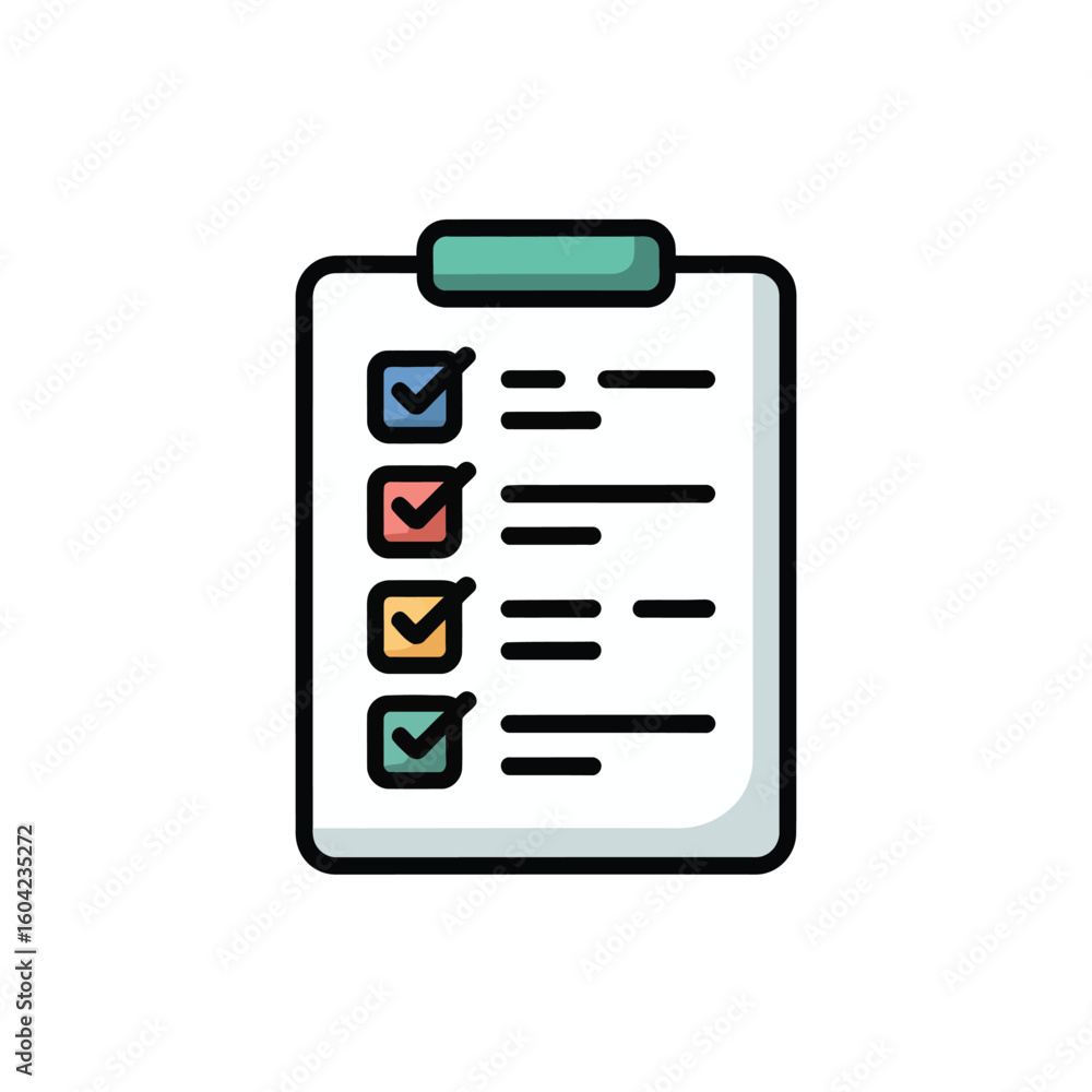 Poster clipboard checklist with completed tasks and colorful markers for business and organization