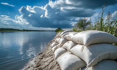 Sandbags Lined Along Flooded Riverbank Under Dramatic Cloudy Sky for Flood Protection and Emergency Preparedness