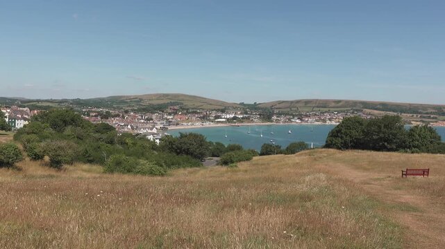 Swanage Bay in Dorset UK from the Downs looking over the town and bay to Ballard Down in the distance