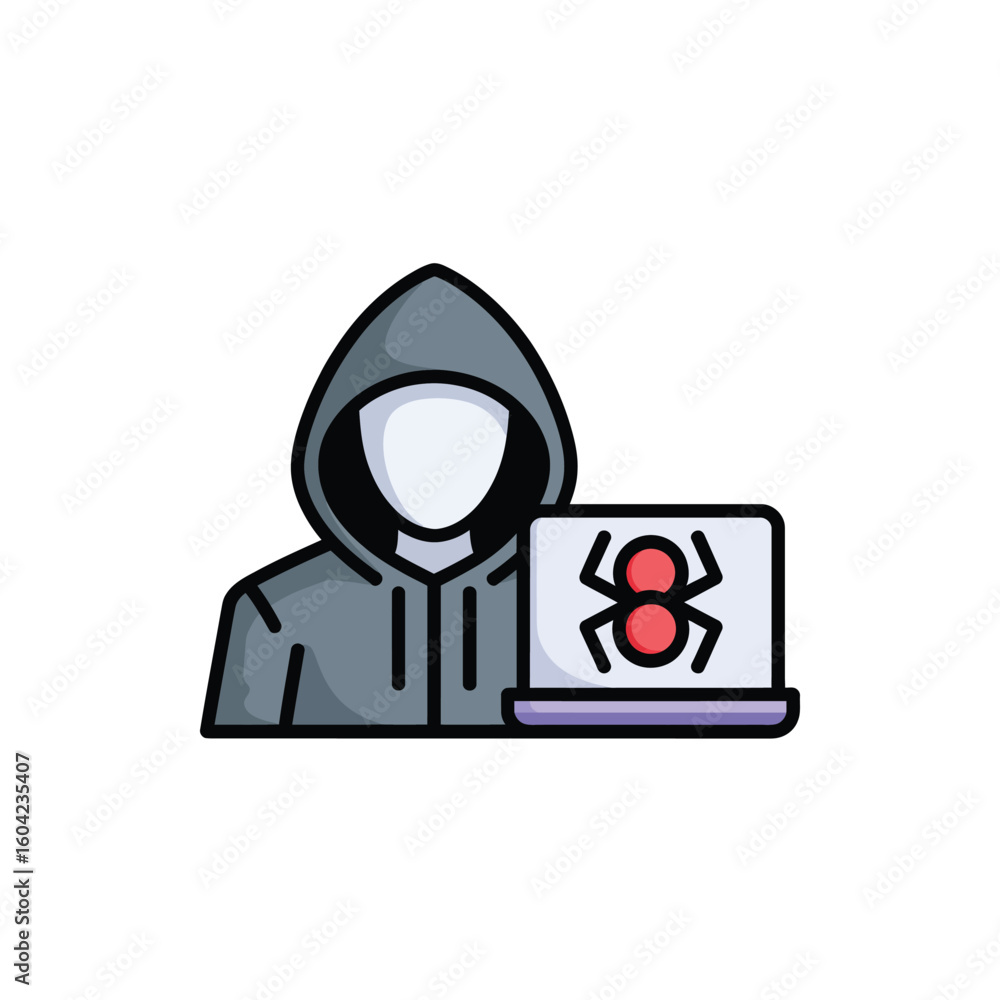 Poster anonymous hacker with laptop symbolizing virus attack or cybercrime threat in digital security