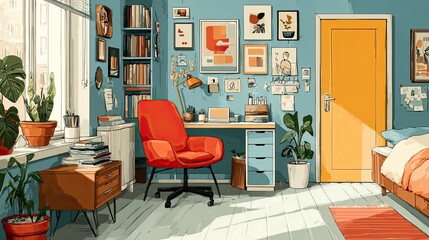 Modern college dorm room scene, student housing interior, stylish small space design, academic living concept, cozy art