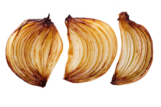 Three caramelized onion wedges with golden brown edges and translucent layers isolated on transparent background