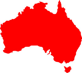 Red silhouette of Australia including Tasmania on a white background. Ideal vector graphic for educational materials, travel infographics, and geographic or political design uses.