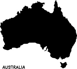 Black silhouette of Australia including Tasmania on a white background. Ideal vector graphic for educational materials, travel infographics, and geographic or political design uses.
