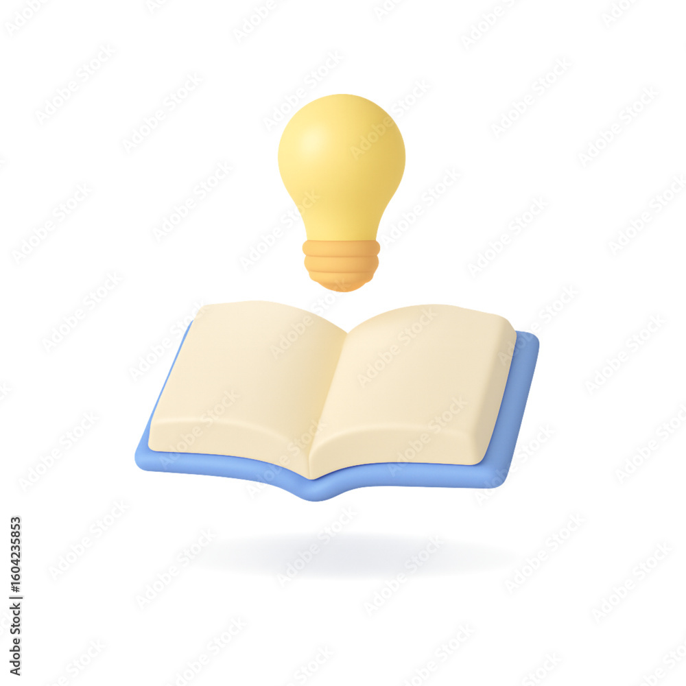 Poster open book with glowing light bulb idea isolated on transparent background