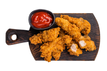 Fried chicken tenders or strips with hot sauce isolated on white background