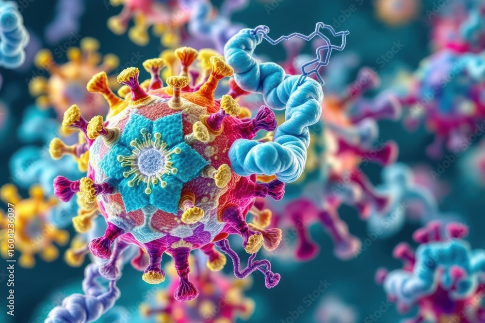 Poster enzyme engineering medicine concept. microscopic view of a colorful virus structure with complex sha