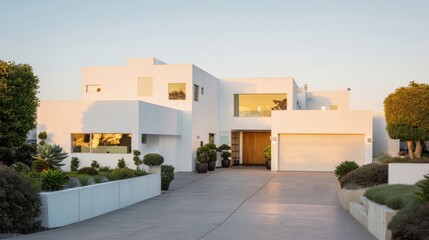 The modern architecture of a minimalist home with beautiful landscaping and sunlight.