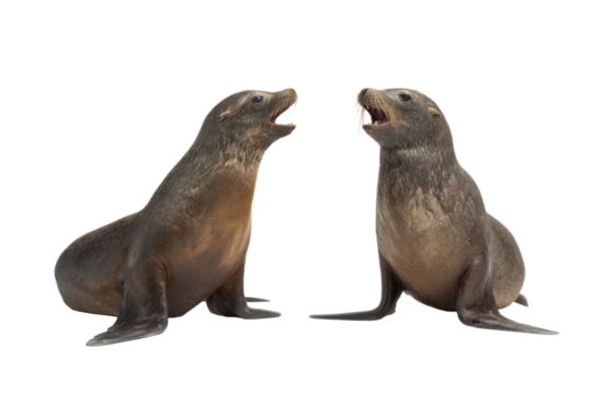 Playful sea lions in nature animal interaction coastal habitat. Isolated on transparent background, png.