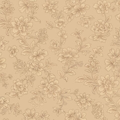 Beige floral pattern featuring various flowers, leaves, and intertwining stems, creating a seamless repeat.