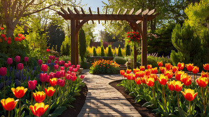 scenic garden pathway lined with blooming tulips and lush greenery during