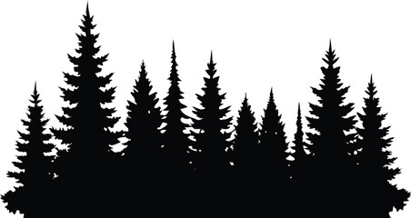 Silhouette of Evergreen Trees in Forest, Black Against White Background, Element