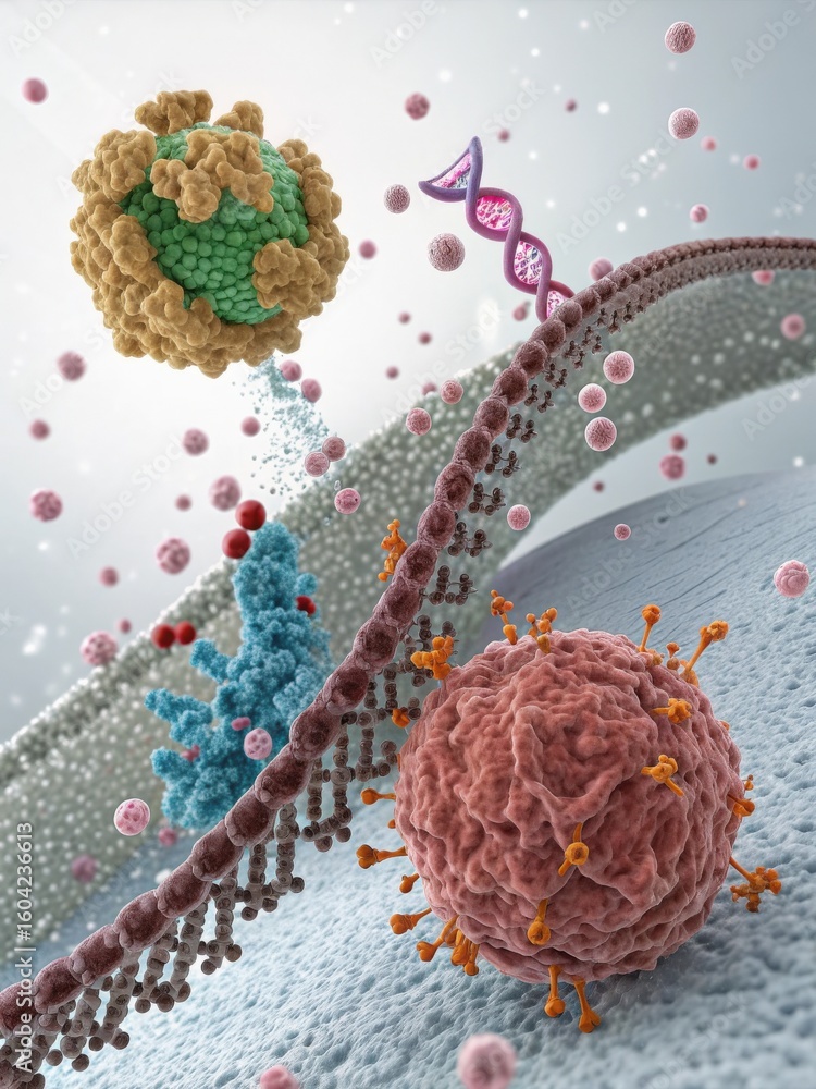 Poster enzyme engineering medicine concept. microscopic view of cellular structures and molecular interacti