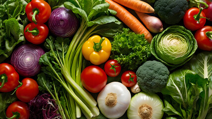 Assorted fresh vegetables including bell peppers and lettuce on rustic wooden