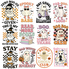 Set of Cute Spooky Ghost Halloween T-shirt Vector, Scary Halloween Ghostly Illustration, Spooky Vibes Saying, Holiday Seasonal Shirt Design