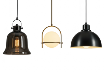 Three distinct pendant light fixtures, including a glass bell, a modern globe, and a classic dome, isolated on white isolated on transparent background