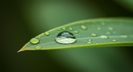 Dewdrop's Embrace: An enchanting display of nature's purity unfolds as a solitary dewdrop clings gracefully to the edge of a vibrant leaf. A close-up view reveals intricate details, textures.