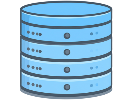 Flat Database Stack Icon with Three Tiers and Circular Layers, Front View, Transparent Background