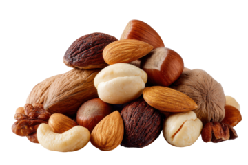 Mixed nuts close-up food photography for healthy snacking. Isolated on transparent background, png.