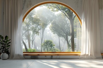 A rounded, arched window frame with gold detailing, framed by sheer white curtains, overlooking a sunlit forest clearing -