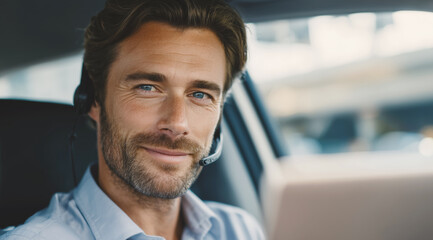A professional environment with a man in a car wearing a headset and using a laptop. He appears engaged in a marketing discussion, showcasing modern remote working capabilities.