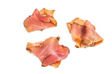 Sliced Spanish jamon iberico isolated on white background. top view
