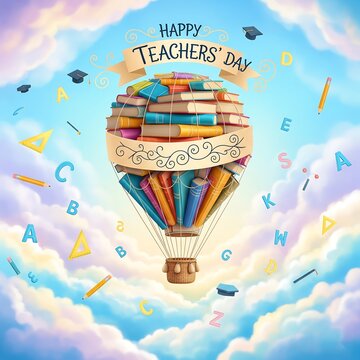 Hot air balloon made of books celebrates happy teachers day