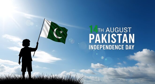 Clear Blue Sky and Pakistani Flag with Text for Independence Day
