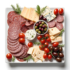 Gourmet cheese and charcuterie platter with assorted meats, olives, cherry tomatoes and crackers on white background