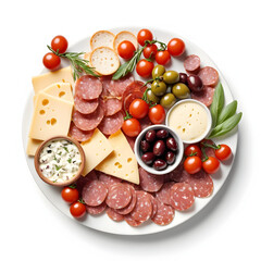 Gourmet cheese and charcuterie platter with assorted meats, olives, cherry tomatoes and crackers on white background