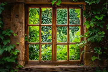 A rustic wooden window frame painted in warm ochre, surrounded by cascading vines and a view of an English countryside garden