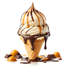 Dripping vanilla soft-serve ice cream cone with chocolate and caramel syrup isolated on white background