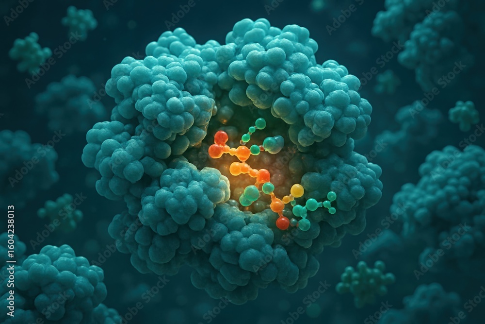 Poster enzyme engineering medicine concept. visual representation of a clustered molecular structure.