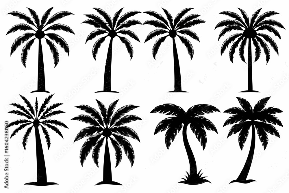 Poster vector silhouette illustration of eight palm trees with varying shapes and sizes on a white backgrou