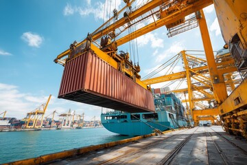 Crane lifting a large shipping container near a cargo ship at a busy port.