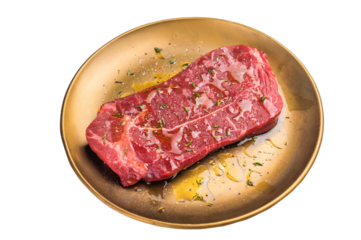 Marinated with olive oil and herbs Raw top sirloin or rump beef steak isolated on white background. top view